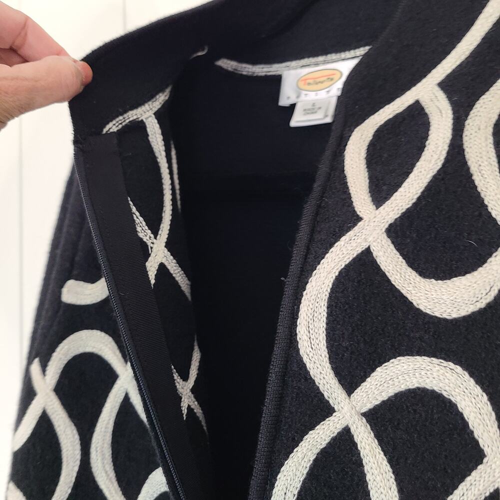 Talbots Black Wool Full Zip Sweater Cardigan Cream Geometric Embroidery LP - Picture 9 of 11